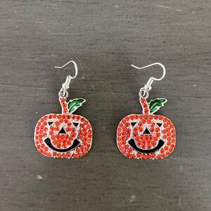Orange Jack-O’-Lantern Allover Rhinestones Pumpkin Halloween Metal 1.5” Earrings
